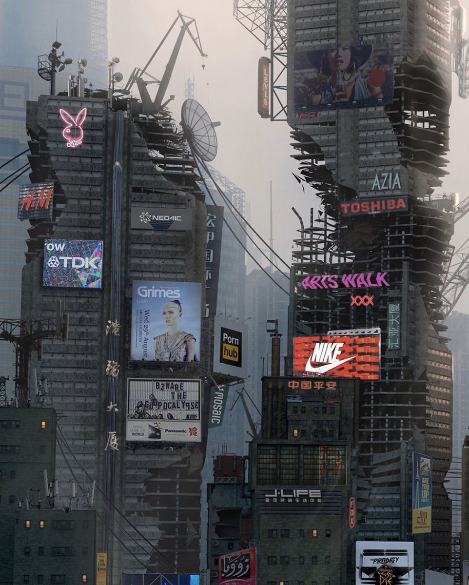 Grimezsz's tweet image. 🤍 Cyberpunk city w Grimes posters by Ahmet Atil Akar 🤍