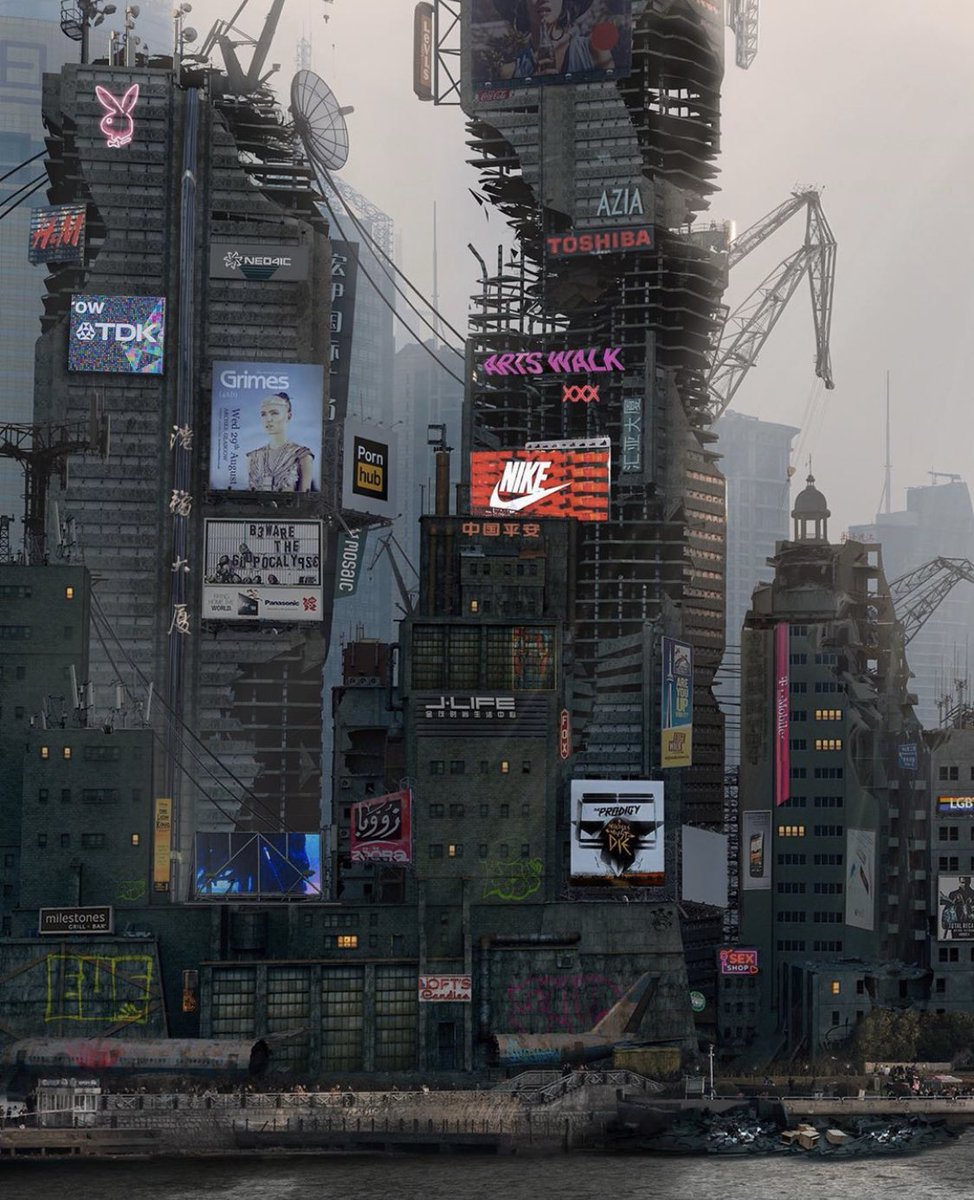 Grimezsz's tweet image. 🤍 Cyberpunk city w Grimes posters by Ahmet Atil Akar 🤍