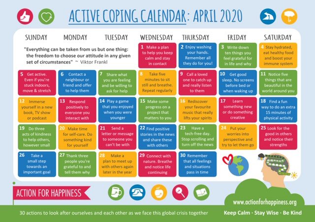 WestbridgePS's tweet photo. @WestbridgePS we’re on a mission to do ‘our bit’ to make the world a happier place! Here is your @actionhappiness April 2020 calendar, which has daily suggested actions to look after ourselves &amp; each other during this global crisis. Keep safe &amp; remain positive! ❤️ #HappierWorld https://t.co/keBDZio9Rv