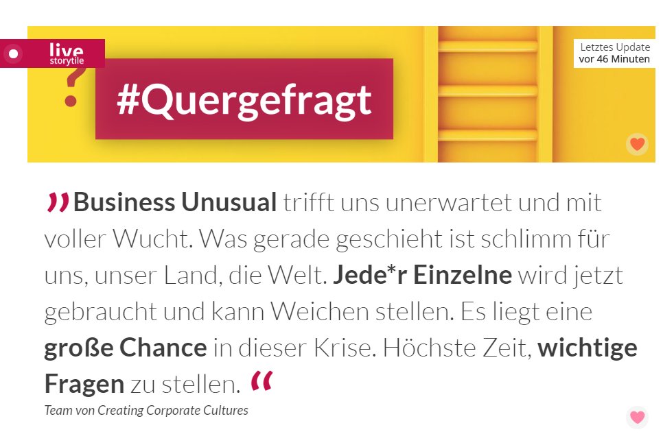 creatcorpcultur's tweet photo. #BusinessUnusual - Ratschläge gibt es in Krisenzeiten viele, aber brauchen wir jetzt nicht gute Fragen?
Heute starten wir mit #Quergefragt in den neuen Monat - täglich um 8:00 Uhr gibt's eine Frage.
Auch auf unserem neuen #LiveBloQ.
https://t.co/uicfI6EBpY https://t.co/znMJWdehrm
