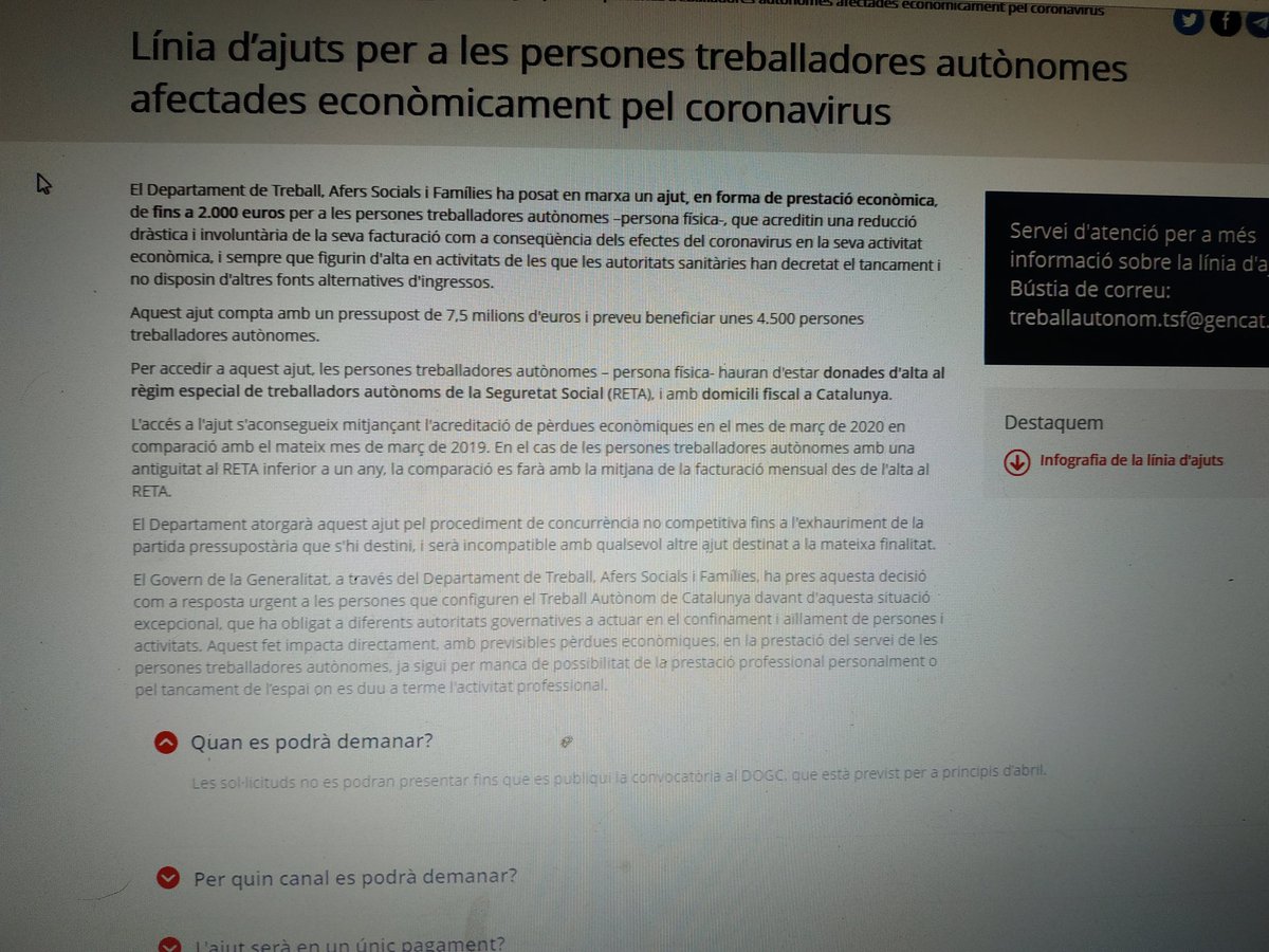somautonoms's tweet photo. CONFIRMAT!!! NOOOO es poden demanat encara els ajuts econòmics de la Generalitat que va prometre als autònoms que estarien disponibles l'1 d'abril #prou #nopodemmes https://t.co/4lT0pY4FLN