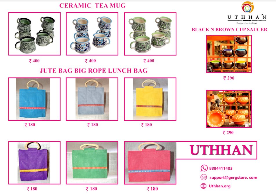 Buy Beautiful Ceramic Coffee/Tea Cups @ Rs. 290 & Rs. 400 /-

Handmade Jute Lunch Bags with Rope handle @ Rs. 180 /-

#uthhan #handmade #handicraft #ceramic #ceramiccups #ceramichandmadeproducts #jute #jutebags #jutelunchbags #bags #art #craft #craftmanship