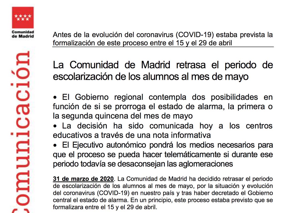 ceipelraso's tweet photo. Según la Comunidad de Madrid se retrasa el periodo de escolarización de los alumnos al mes de mayo. Os adjuntamos la información. Muchas gracias. https://t.co/3KbEVQLr2r