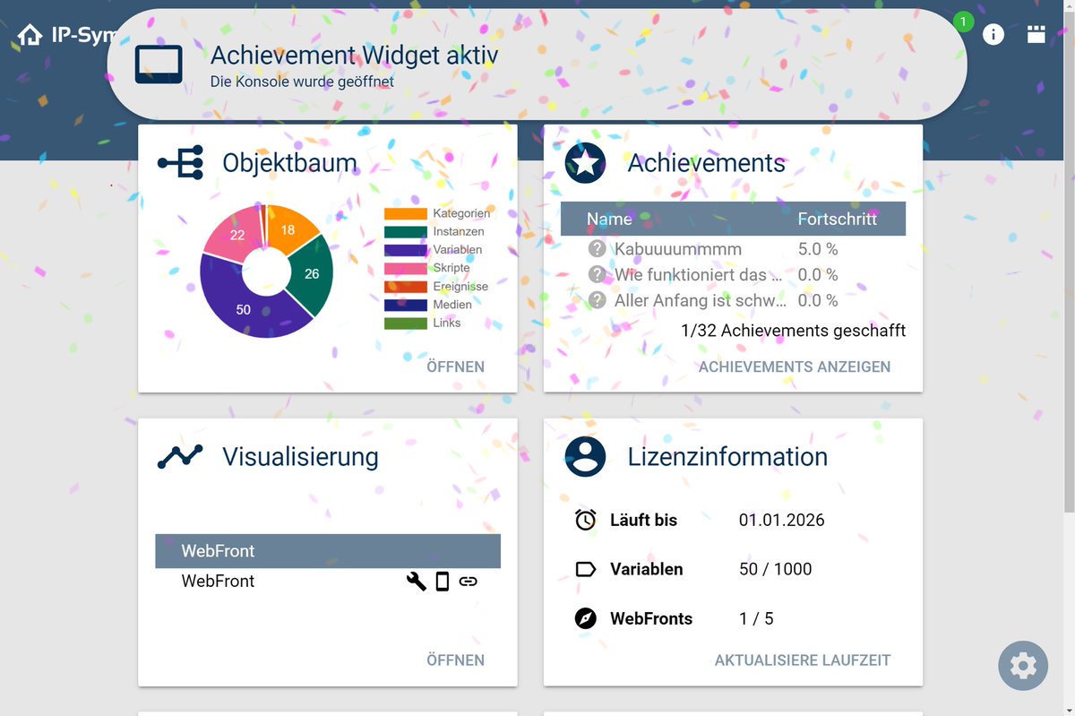Lange verlangt, endlich integriert. Orientiert an dem Besten was die Gamingszene zu bieten hat!
Das IP-Symcon Achievement-Widget! Speziell für euch entwickelt und natürlich wie immer systemübergreifend.
Weitere Informationen: symcon.de/forum/threads/…
 Wir hoffen ihr freut euch!