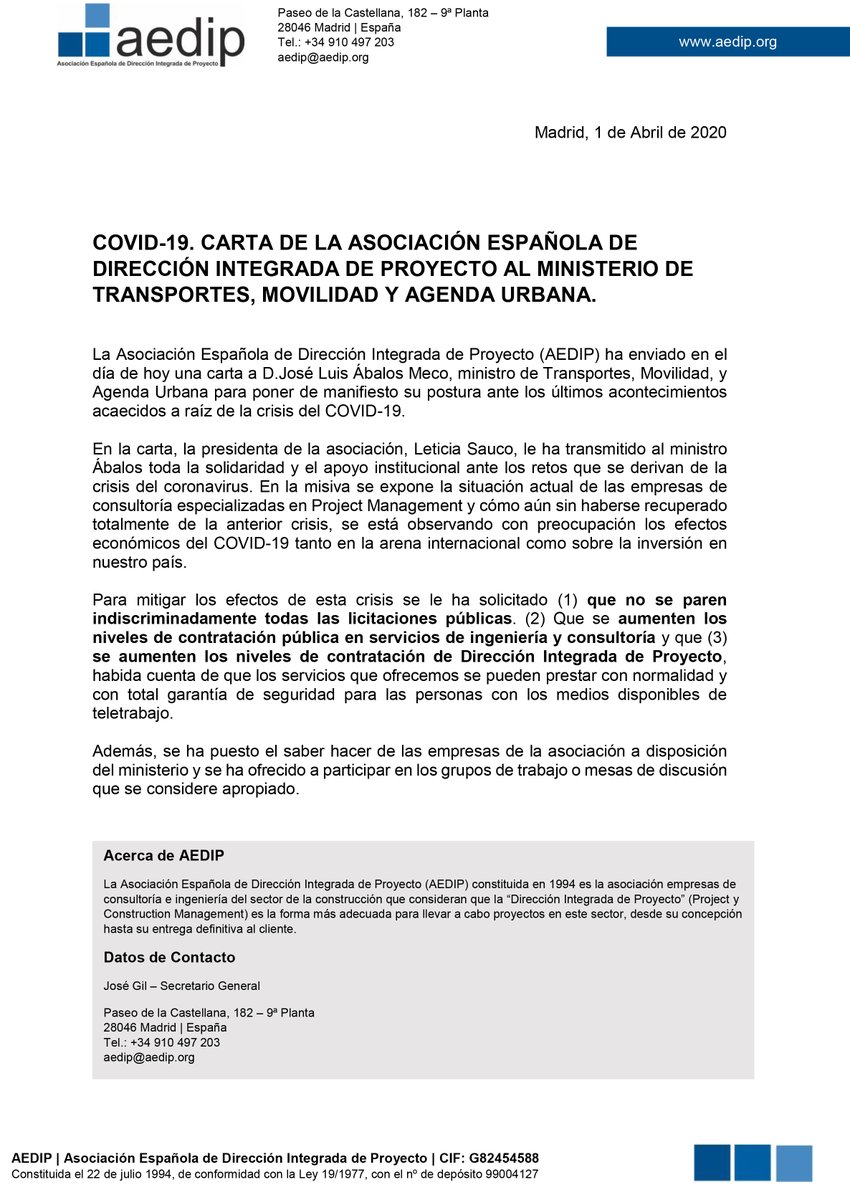 aediProyectos's tweet photo. Esta mañana hemos enviado una carta al @mitmagob  para poner de manifiesto nuestra postura ante los últimos acontecimientos acaecidos a causa del #coronavirus.

Os rogamos m��xima difusión. 

#yomequedoencasa #estevirusloparamosunidos #covid19 #projectmanagement #mejorconPM https://t.co/1hARBVCF0k