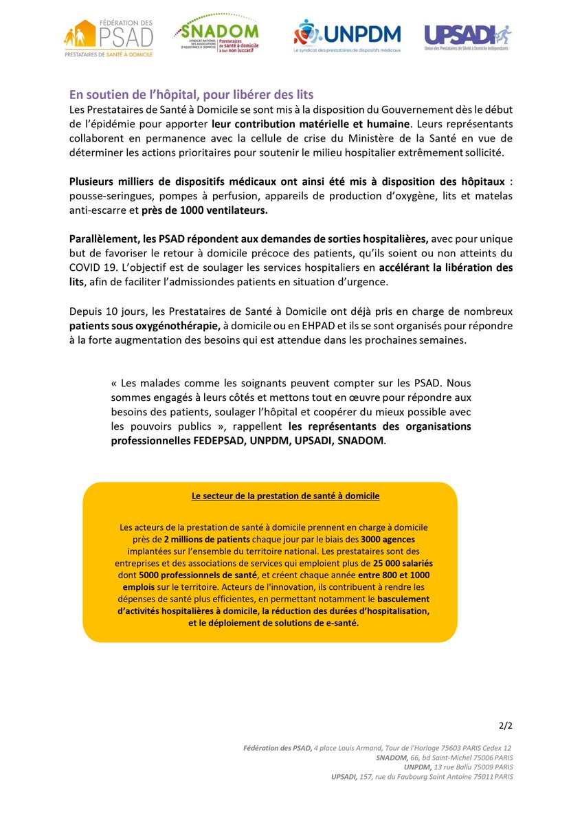 Face à l’épidémie de Covid-19, les 4 organisations professionnelles de Prestataires de Santé à Domicile s’engagent aux côtés du Gouvernement et de tous les soignants. Les PSAD se mobilisent pour assurer la continuité des soins et accélérer les sorties hospitalières
