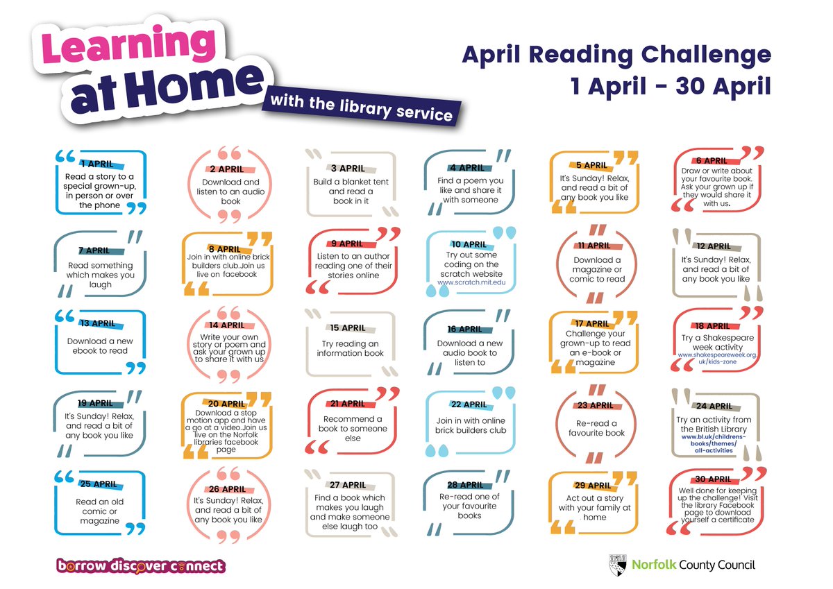 NorfolkCC's tweet photo. Today we're launching our children's #NorfolkLibrariesChallenge!🌟

Keep your eager readers 📚 busy while they're at home with the @NorfolkLibs daily challenges throughout the whole of April.

Print out the calendar &amp; watch our feeds for a certificate at the end of the month! 🏆 https://t.co/jIwgeRyDO6