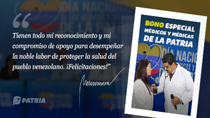 CarnetDLaPatria's tweet photo. Gracias al Presidente @NicolasMaduro inicia la entrega del Bono Especial Médicos y Médicas De la Patria, por un monto de #1Petro a través del @CarnetDLaPatria. https://t.co/fq4kQnwfSE