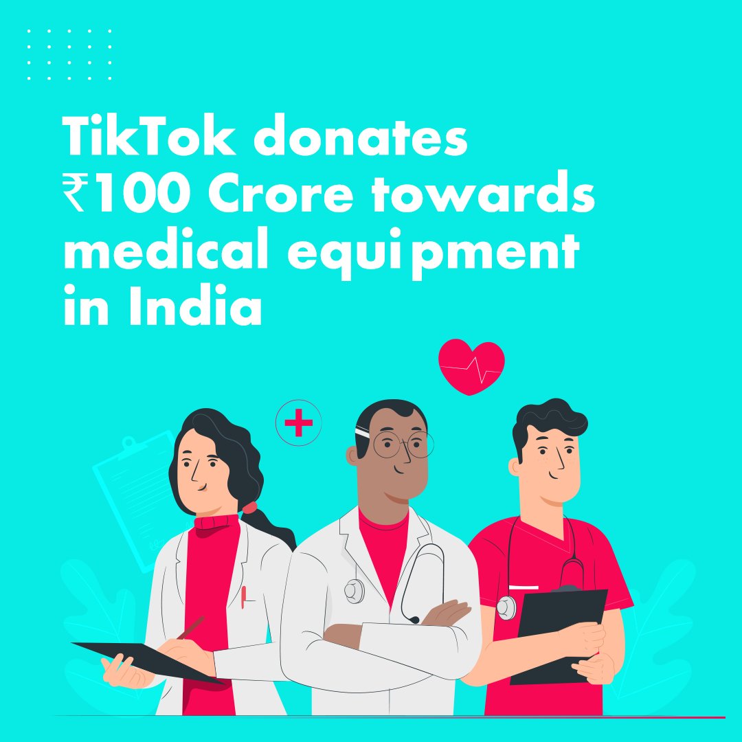 TikTok_IN's tweet photo. In the fight against the spread of COVID-19, we are extending support by donating Rs. 100 Crore towards 400,000 hazmat medical protective suits and 200,000 masks to doctors and supporting medical staff. #TikTokForGood
https://t.co/H8WeeFl3ei https://t.co/3P7xnPdqXq