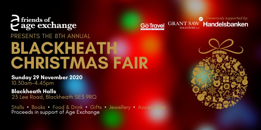 Please remember that we have extended the deadline for applications for the <a href="/FriendsofAE/">The Friends of AE</a> <a href="/BlackheathFair/">Blackheath Christmas Fair</a>
to Friday 24 April

Read more and how to apply
age-exchange.org.uk/christmas-fair…