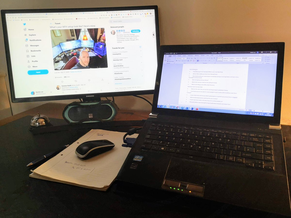 MrMartinLee's tweet photo. @GlenCathey Are the post-it's for things that need doing daily ? I use a notepad as my mouse pad. Write stuff down and enjoy crossing them off.  The bell is for a well sourced candidate that responds :) ( I think that's a remnant from my agency hooter days) https://t.co/lTlQruOuXD