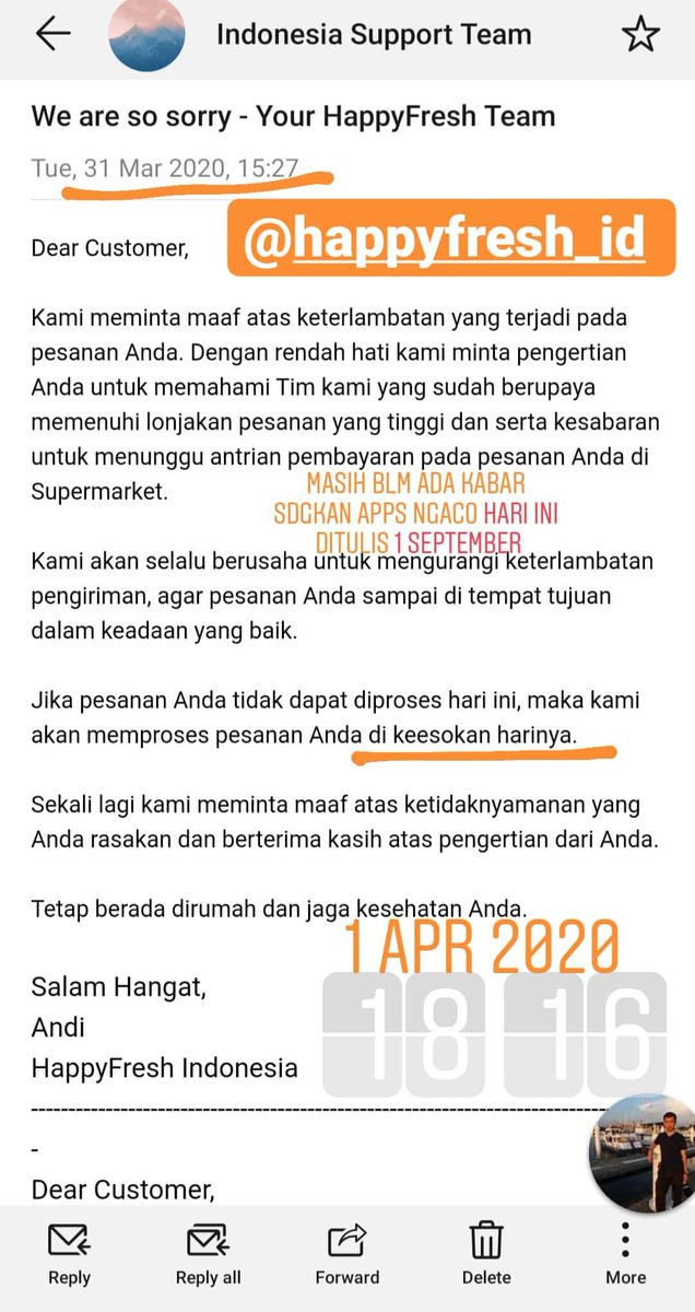 ms_anitathe's tweet photo. Bgmn dgn order sy yg hrs dikirim tgl 31 maret dijwb email dikirim 1 april HINGGA SKRG TDK ADA KBR @HappyFresh_ID dan appsnya ngaco HARI ini masa tgl 1 SEPTEMBER??? https://t.co/T9Tc4ahsAu