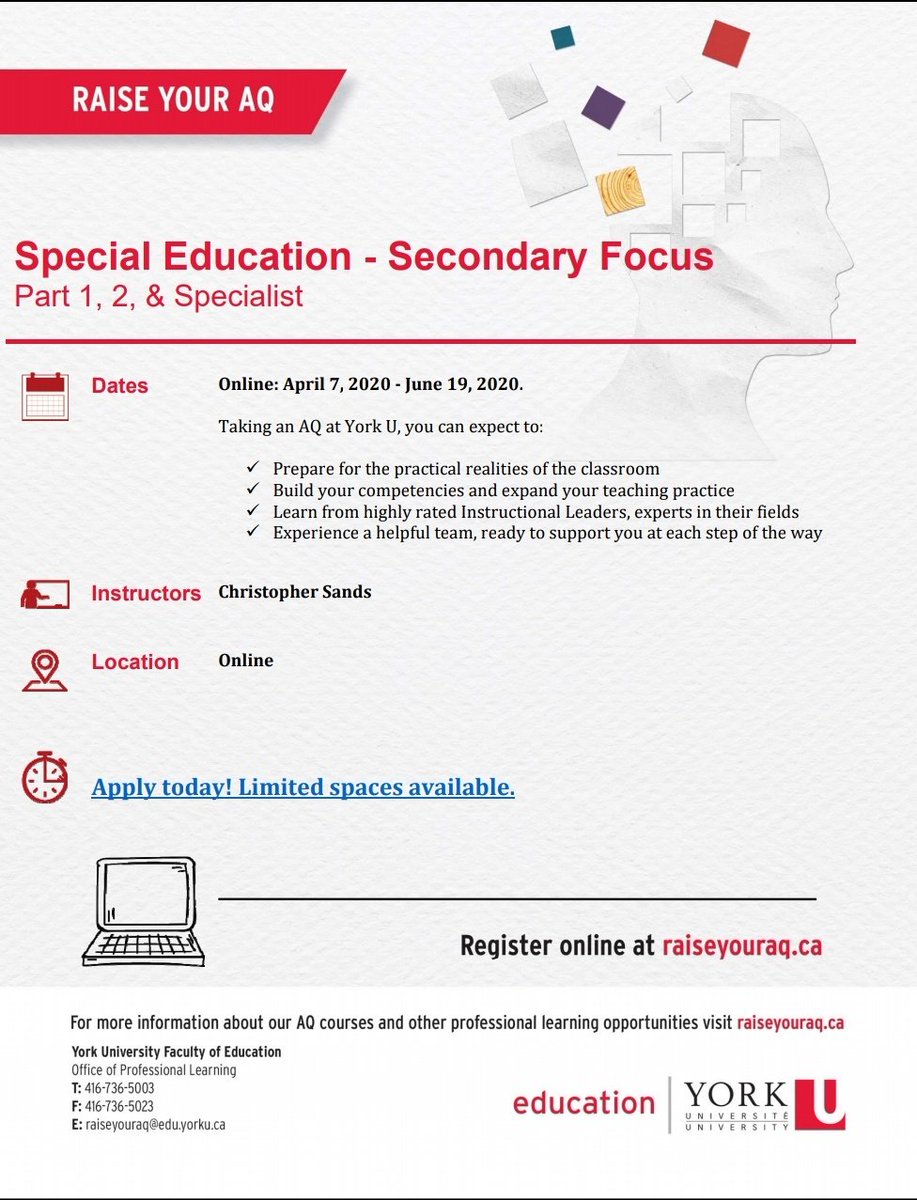 Learn about how you can put disability advocacy into practice whatever your role as a secondary educator. 
Register for the Part 1, 2, or specialist special education AQ, all online starting April 7, at raiseyouraq.ca