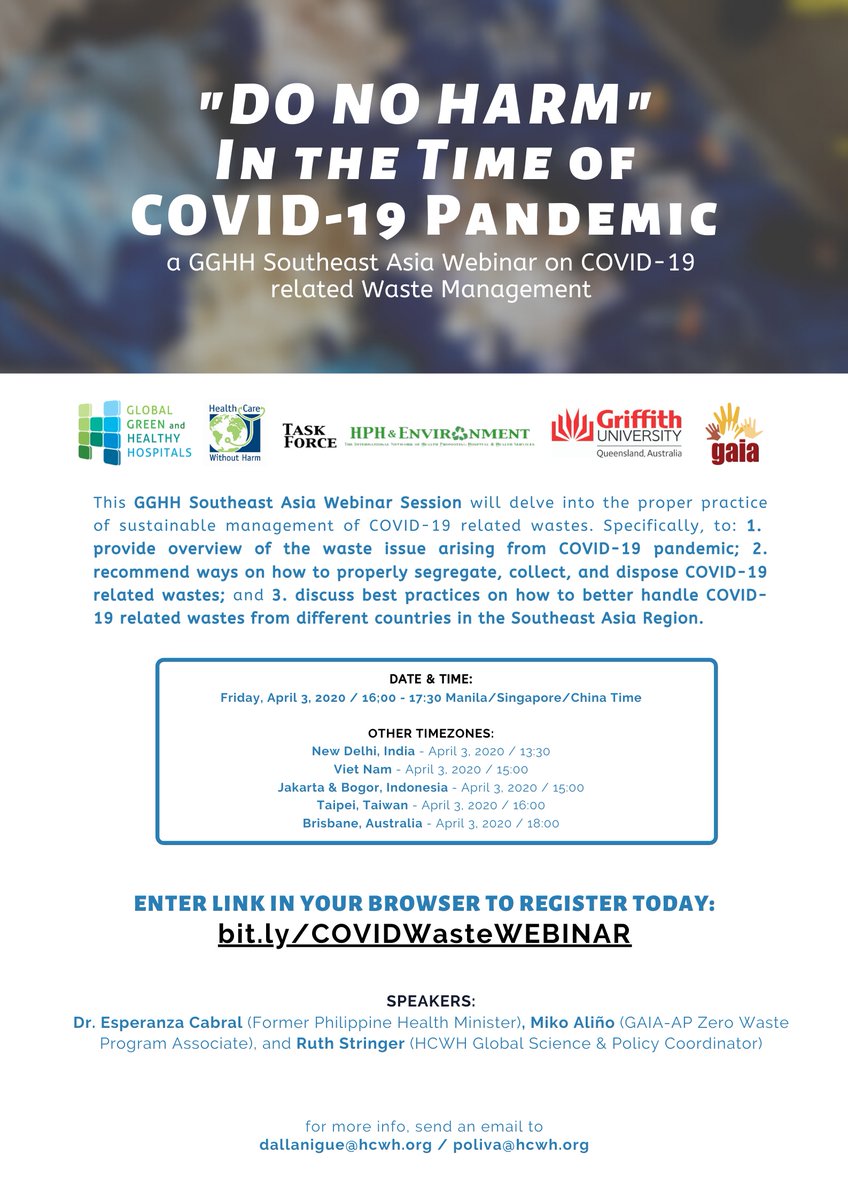 brkfreeplastic's tweet photo. Webinar Alert! 💻 How are hospitals handling COVID-19 Waste? Learn how #COVID19 waste is being handled by hospitals in Asia.

Register to this special webinar of #breakfreefromplastic member Health Care Without Harm Asia @NoHarmAsia 👉🏼 https://t.co/TqIcPH3Js4 https://t.co/IIG8c7SfQ1