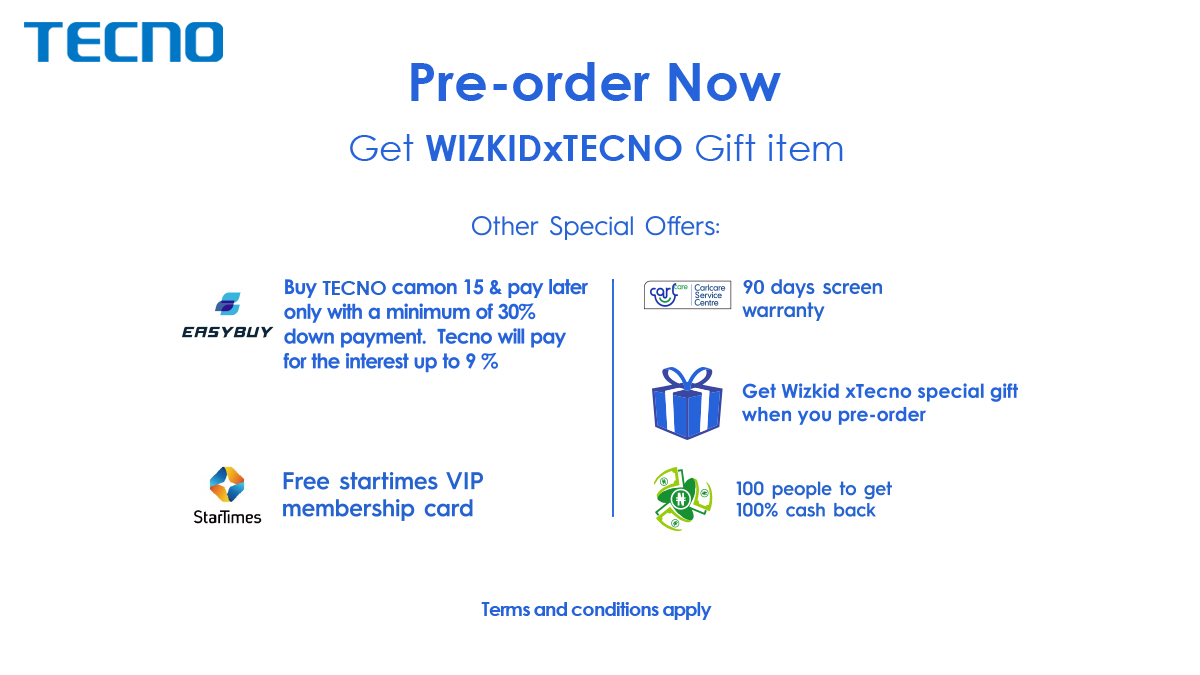 TECNOMobileNG's tweet photo. Pre-order Camon 15 now and get a free WizkidxTECNO Limited edition T-shirt, a chance to get 100% cash back when you purchase, 90 days screen warranty and lots of other prizes. Visit this link to pre-order now https://t.co/pIU92P5YqH https://t.co/8F3tz0wLsm