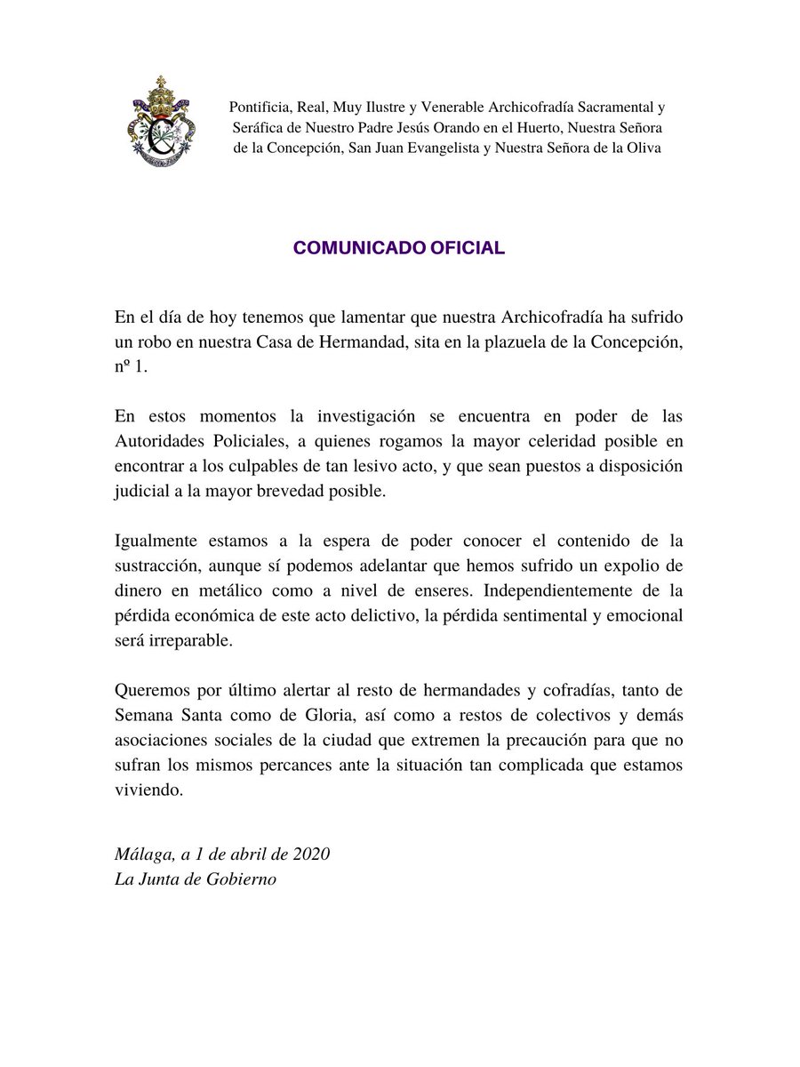 🔔 COMUNICADO OFICIAL.

#yosoydelHuerto #CofradíasMLG