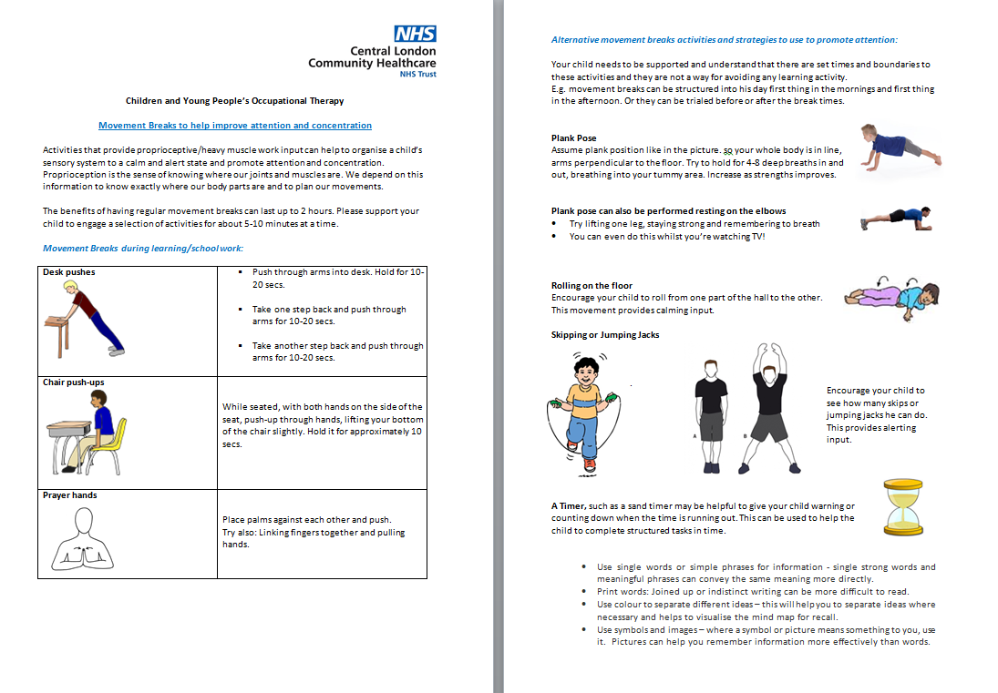 CYPOT_CLCH's tweet photo. Most schools have provided pupils with work they can do at home, but with a change in routine and distractions in the home, children may have difficulty concentrating. Try breaking up academic tasks with regular movement breaks to improve attention. See more information below! https://t.co/CINtwIlRR4