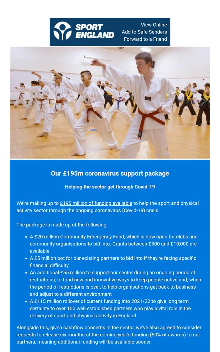 #Harlow, <a href="/Sport_England/">Sport England</a> have announced £195m of funding available to help the #sport &amp; #PhysicalActivity activity sector through the coronavirus crisis. DM if you need support accessing this. This will help us keep going &amp; help residents #StayInWorkOut whilst #KeepingActiveatHome
