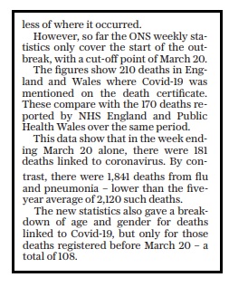 In one snapshot week up to March 20 before Covid got into its lethal stride, 170, 180 or 210 deaths were linked to the disease (depending on which figs you accept). The Tel reports that in the same week there were 1841 deaths "from flu and pneumonia".