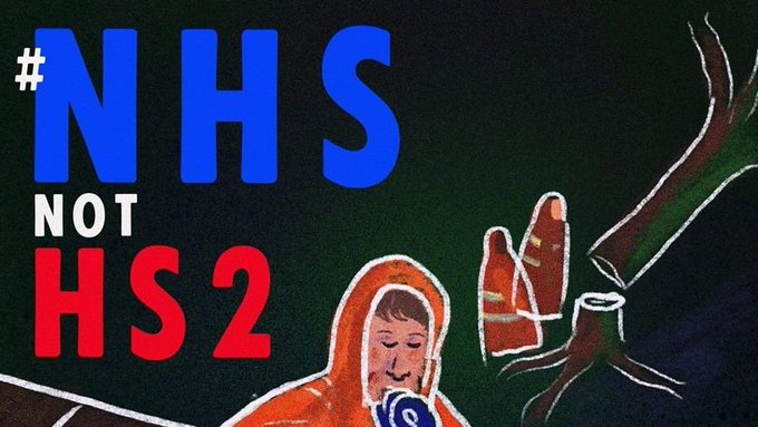 xryouthuk's tweet photo. HS2 will shave a few minutes off the journey from Birmingham to London at a cost of £100bn. Meanwhile our frontline NHS staff do not have the equipment they need at a time of national crisis and as people are dying. HS2 work must stop. #NHSnotHS2 https://t.co/lH6y9LKwHn