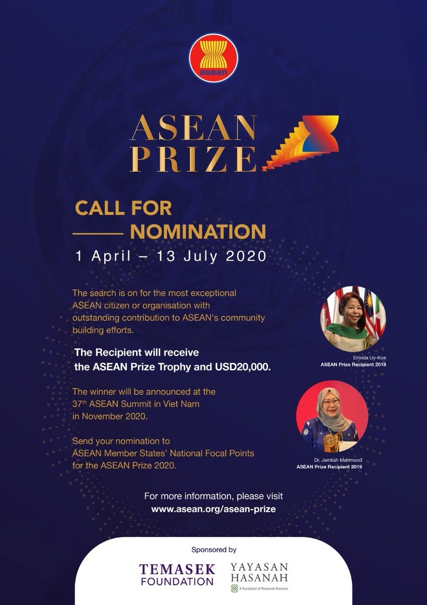 ASEAN_IPR's tweet photo. The #ASEANPrize 2020 call for nomination is now open!
This annual prestigious award recognises an outstanding individual or organization that promotes #ASEANidentity, embodies the ASEAN spirit and fosters ASEAN way in their contribution to ASEAN Community building. https://t.co/g5WYiWC5No