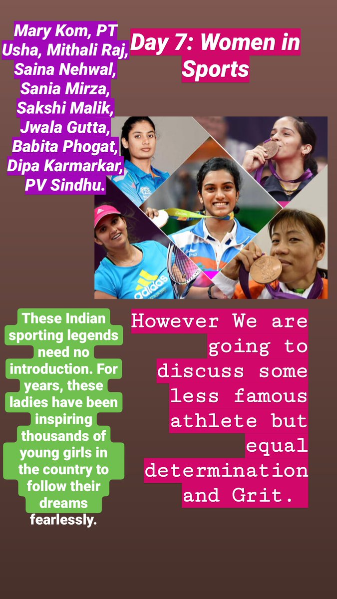 For Day 7 we Indian Sports Women. #Navratri2020 We all know famous personalities such as  @M_Raj03  @MirzaSania  @NSaina  @Pvsindhu1  @ImHarmanpreet any many more..They all need no introduction,they have made huge impact on coming generation nd clearly Inspired Generations to come.