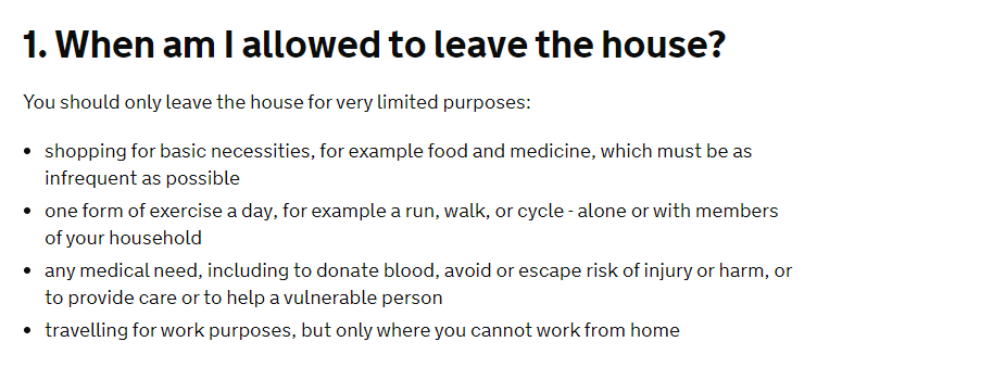 To help tackle the spread of #coronavirus, you should only leave the house for limited purposes:
Shopping for food &amp; medicines, as infrequent as possible
Any medical need or caring for a vulnerable person
Travelling to and from work, only if you cannot work from home