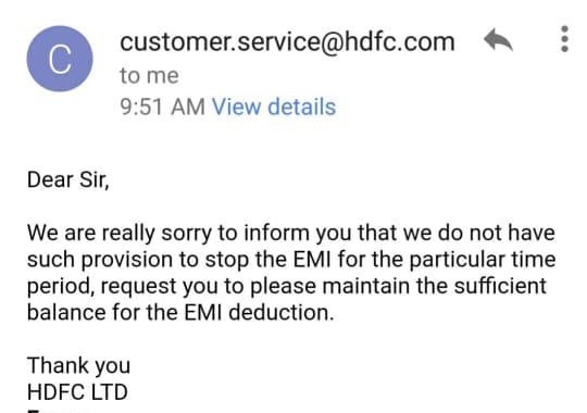 लोग बता रहे हैं कि @HDFC_Bank ने स्पष्ट तौर पर EMI में किसी भी तरह की राहत देने से इनकार कर दिया है. RBI या सरकार, किसी के कुछ कहने का कोई मतलब ही नहीं फिर तो!