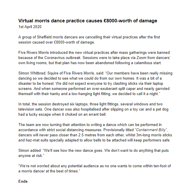 5RiversMorris's tweet image. Bad news to bring you this morning. We've had to cancel our virtual morris dance sessions after the first one caused over £8000 of damage.

Full story below 👇

@BBCLookNorth @looknorthBBC @BBCSheffield @SheffieldStar @yorkshirepost @TheYorksTimes @HelpSheffield