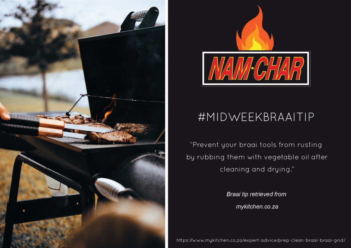 NamcharSA's tweet photo. #MIDWEEKBRAAITIP
โPrevent your braai tools from rusting by rubbing them with vegetable oil after cleaning and drying.โ
#Namchar #BraaiTip #Midweek #Wednesday #Takecareofyourtools #Braaitools https://t.co/eCa8U5LoSC