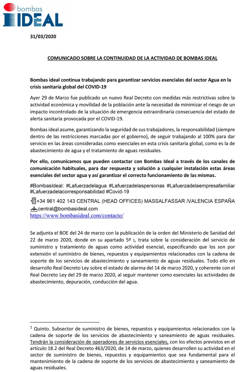 COMUNICADO SOBRE LA CONTINUIDAD DE LA ACTIVIDAD DE BOMBAS IDEAL
Bombas ideal continua trabajando para garantizar servicios esenciales del sector Agua en la crisis sanitaria global del COVID-19.
Lea el comunicado completo en la imagen o en el pdf.
bit.ly/2X154cC