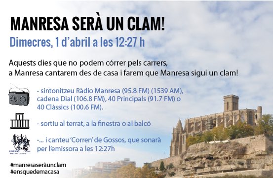 Natiadell's tweet photo. Més de 60 entitats de #Manresa implicades en la cantada col·lectiva que s’ha organitzat per aquest migdia a finestra i balcons amb la cançó “Corren” de Gossos @NatxoTarres @Kursaalmanresa @ajmanresa @JoanMorros https://t.co/Pqj4g8TqCM
