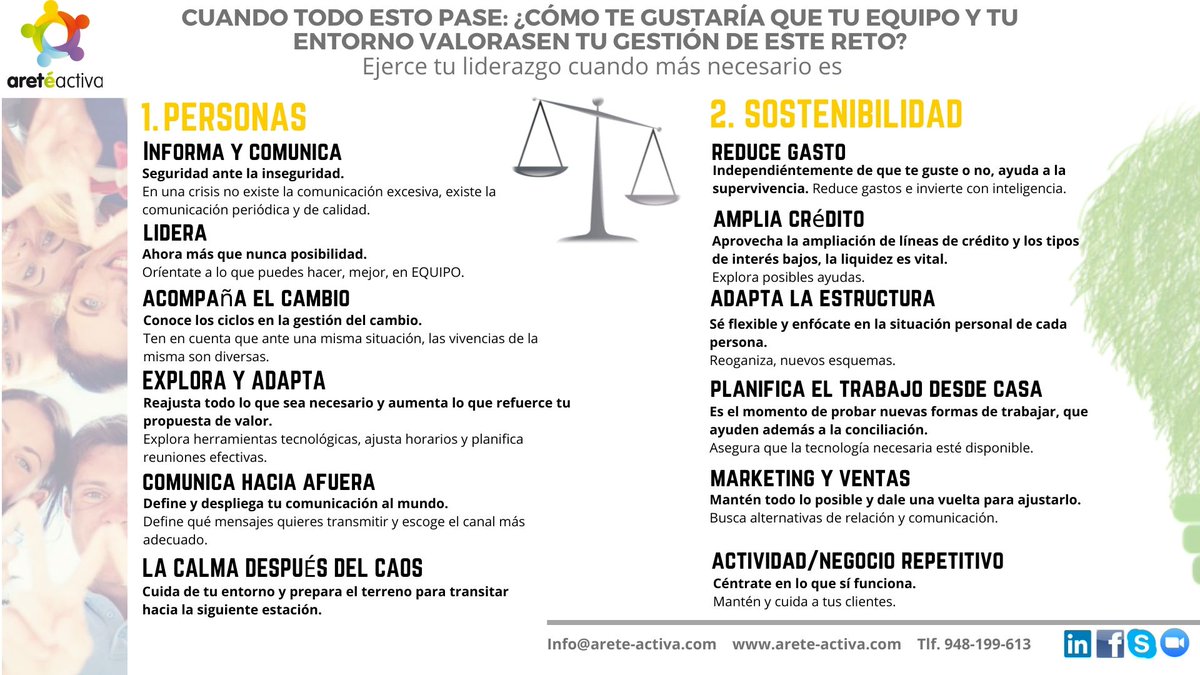 ARETEACTIVA's tweet photo. Ante esta situación extraordinaria las personas que ejercen un rol de liderazgo en las organizaciones están lidiando y buscando un equilibrio entre cuidar de las personas y asegurar la sostenibilidad del negocio. Gran reto, ¿verdad?
#liderazgo #personas #equipos #sostenibilidad https://t.co/tsNa02fCB4