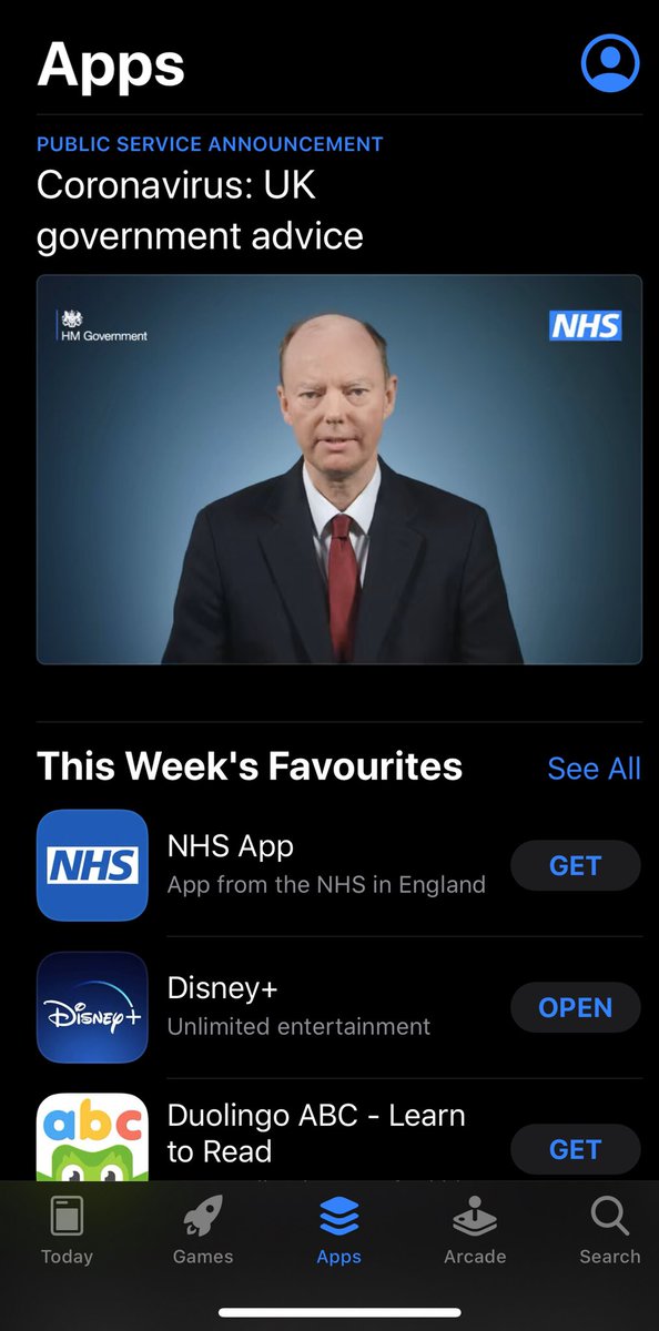 Next:  @AppStore.The App Store’s front page as well as the Apps section features a “Public Service Announcement” from the Chief Medical Officer. Tapping on it leads to a Gov/NHS video and links to:  https://www.gov.uk/coronavirus .