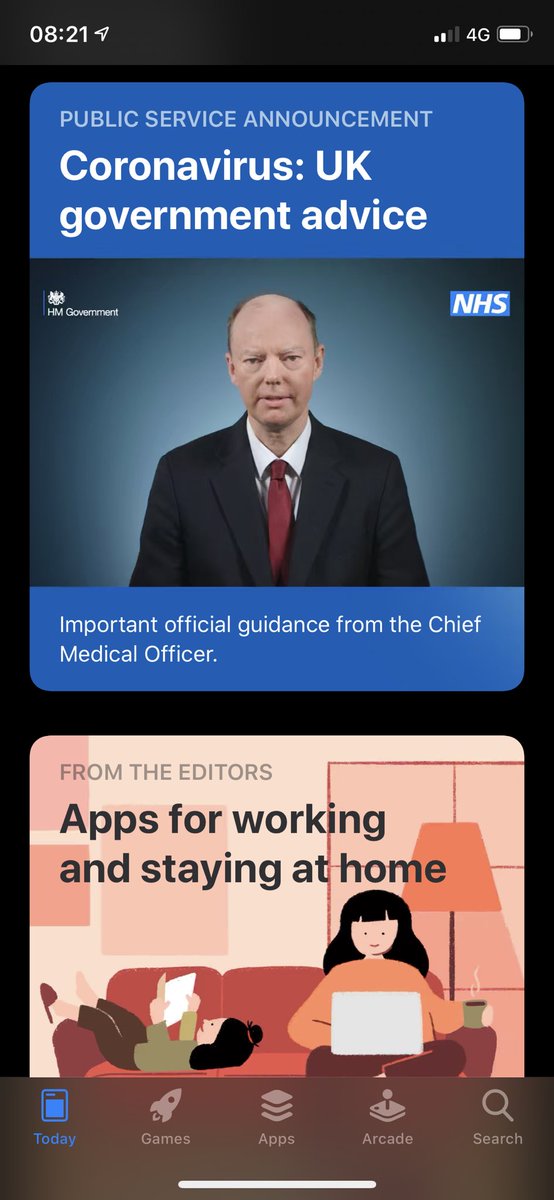 Next:  @AppStore.The App Store’s front page as well as the Apps section features a “Public Service Announcement” from the Chief Medical Officer. Tapping on it leads to a Gov/NHS video and links to:  https://www.gov.uk/coronavirus .