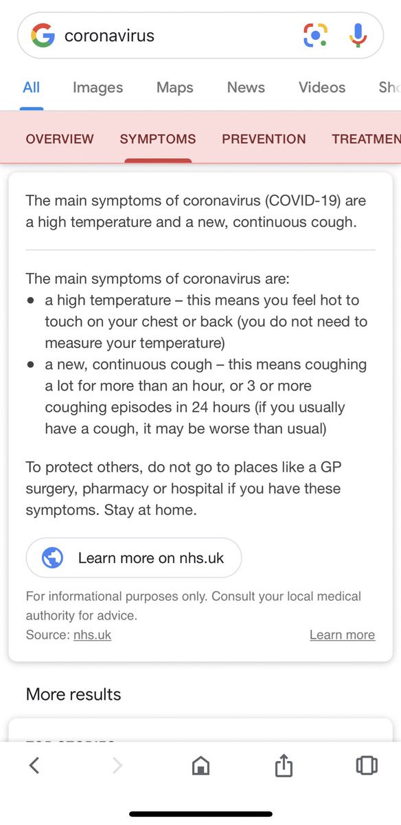 Next:  @Google.The dedicated Google iPhone app features a pinned tile for coronavirus information. This performs a query for coronavirus (image 2) which then gives you access to NHS information (images 3 & 4).