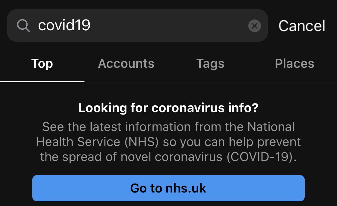 Update:  @instagram.Instagram now offers a link to the NHS coronavirus information page ( https://www.nhs.uk/conditions/coronavirus-covid-19/) when users search for “coronavirus” or “COVID19”.Interestingly, this doesn’t include “corona” on its own but does include a query like “corona cure” (image 3).