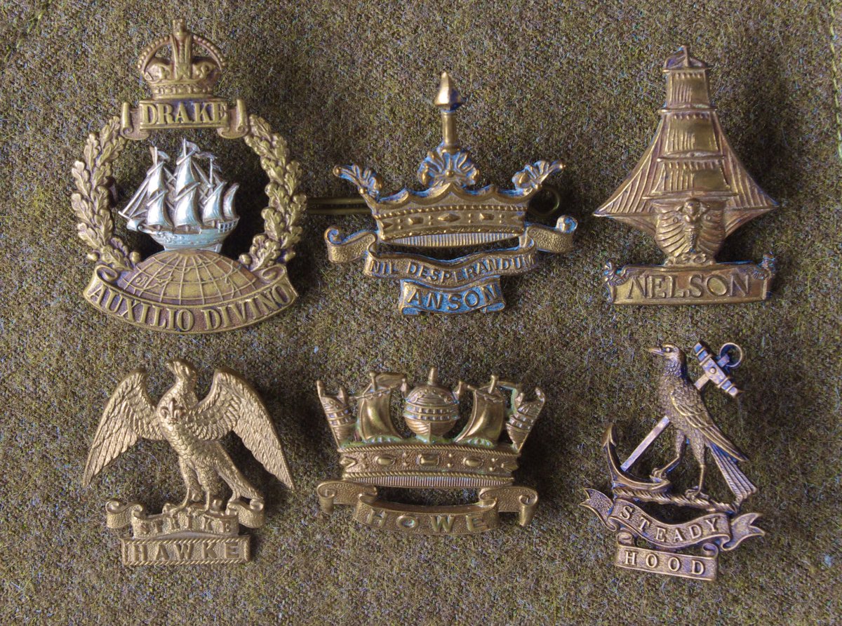Cap Badges of the First World War: The Royal Naval Division. These sailors fought as soldiers, originally wearing caps with appropriate tallies, before adopting service dress caps. RND battalions were named after admirals. These badges are much reproduced  #WW1  #FWW