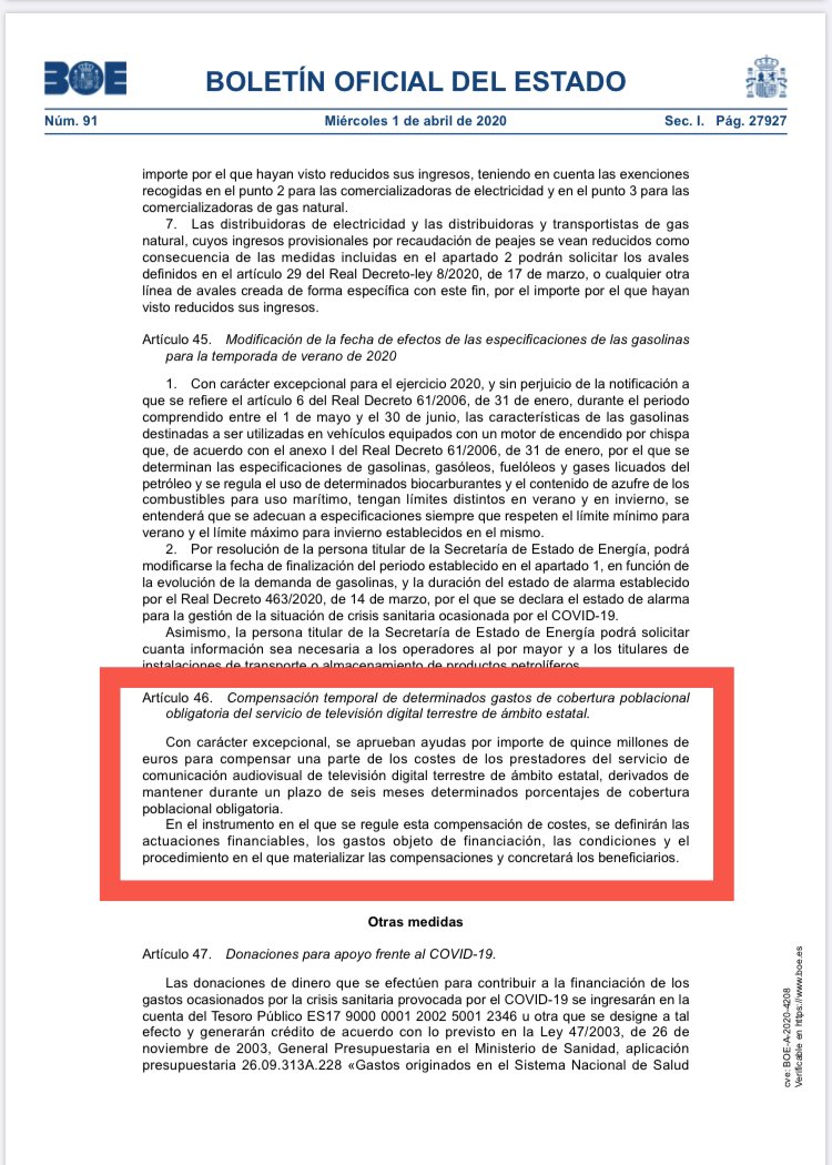 Ferran_Bel's tweet photo. ⚠️ Després de lleigir l’art 46 del RDL 11/2020 , no se ni que dir . Es quasi increïble , en la que està caient , i 15.000.000 €  de subvenció  a les TVs , res de préstec,  res de moratiria en el pagament , DONACIÓ A FONS PERDUT  . I això com s’explica als autònoms i les PIMES ? https://t.co/YWWdiUFWdI