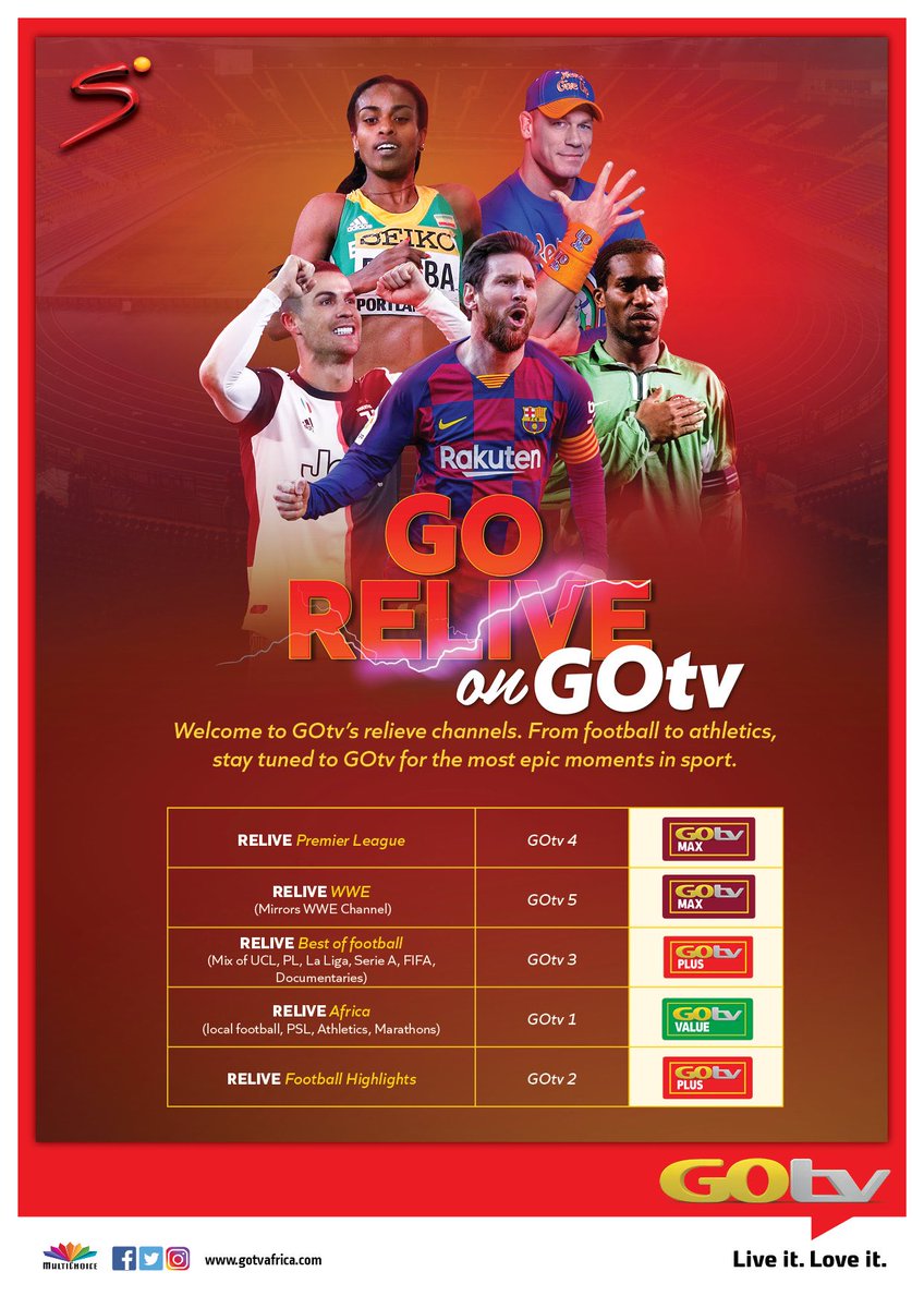 GOtvUganda's tweet photo. We realise the pain of missing out on your favourite live sporting moments and so we are bringing you the next best thing - GOtv Relive!
#StayConnected and tell a friend to tell a friend!
#ThisIsGOtv #GOforFootball https://t.co/PsLnRyuig2