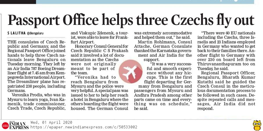 Lolita_TNIE's tweet photo. Czech, German consulates, Mysuru police &amp; @rpobengaluru join hands to help 3 Czechs leave Bangalore on @airindiain's 1st repatriation flgt to Frankfurt frm @BLRAirport with 238 pgrs. Ger diplomat grateful 2 Ktka.
@CPMysuru @DrSJaishankar @GermanyinIndia @CzechMFA @csogok @BSYBJP https://t.co/59n0YLVgH9