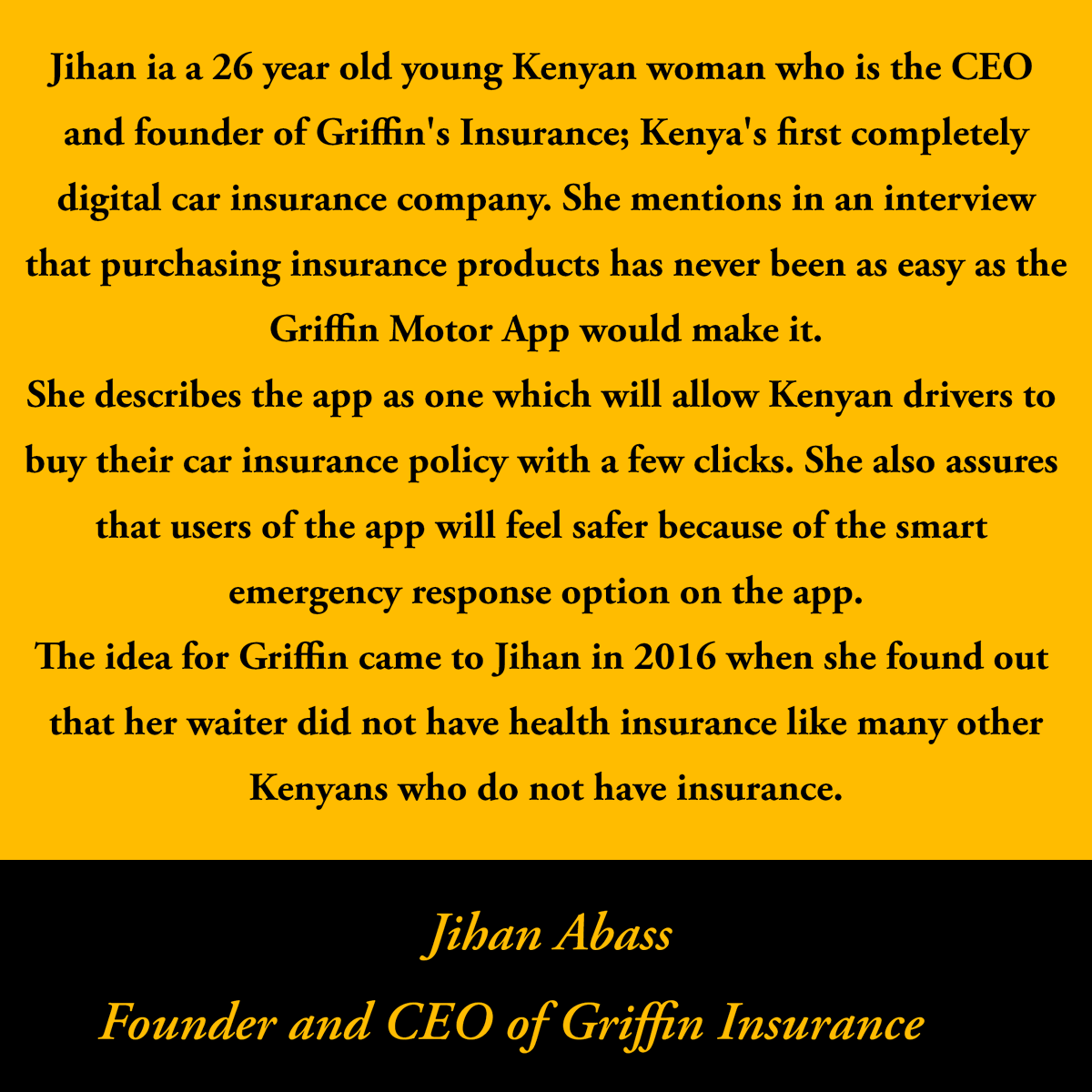 10XWomenToTech's tweet photo. It's Wednesday and today, our WCW in tech is Jihan Abass.  She is the CEO and Founder of Griffin Insurance.
#womenwhocode #womenshistorymonth #womenintech #blackwomenintech #girlswhocode #women #womeninstem #women #womenbosses #womanboss #womenbossesinbusiness #womenempowerment https://t.co/G2Hp1Etsx7