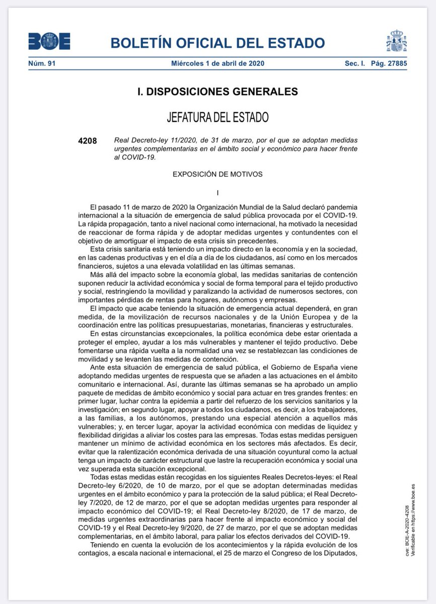 🔵 #BOE 1.4.2020: Real Decreto-ley 11/2020, de 31 de marzo, por el que se adoptan medidas urgentes complementarias en el ámbito social y económico para hacer frente al #COVIDー19 
   
     ⬇️

boe.es/boe/dias/2020/…

#autónomos #temporales #subsidio #sitss