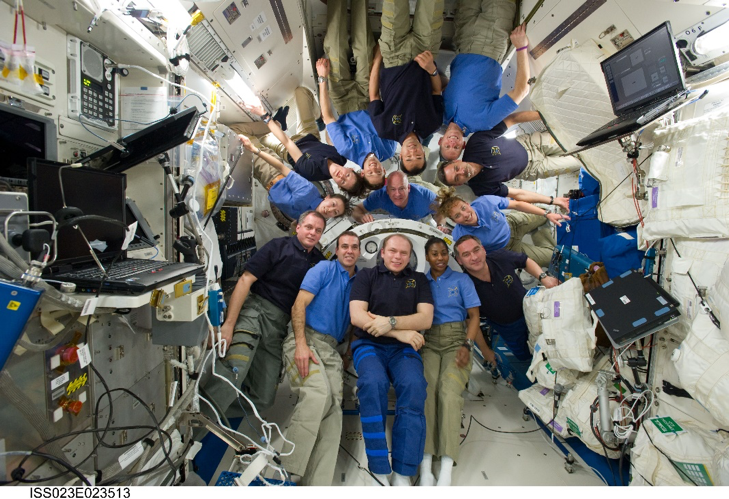 UNOOSA's tweet photo. Today’s #SpaceflightHighlight: On 3 separate occasions, there have been a record 13 people in space at the same time! Below is a photo of the record-tying STS-131 and Expedition 23 crew on the @Space_Station in 2010, which includes 4 women!
#HumanSpaceflight 
Pic: @NASA https://t.co/GoD5u4ihJL