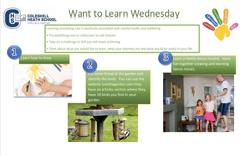 lil_missteacher's tweet photo. Good morning from @ColeshillHeath today’s #mentalWellbeing during #coronavirusuk #lockdown is ‘want to learn Wednesday’. What will you learn today? #coronaconnectEd500 https://t.co/838ovUDS2C