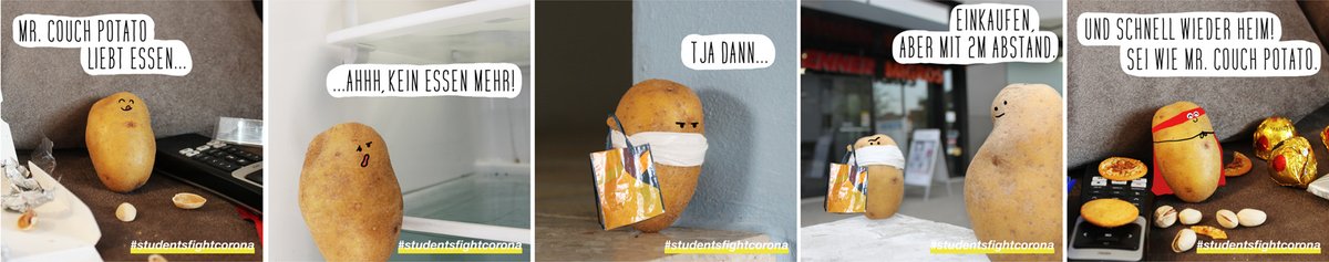 studentsXcorona's tweet photo. Es war noch nie so einfach, ein Held wie Mr. Couch Potato zu sein 🥔Halte beim Einkaufen immer 2 Meter Abstand zu anderen und verhindere so die Verbreitung des #Coronavirus.

#studentsfightcorona #StayHome #spreadthisandnotthevirus #comic #couchpotato #COVID19 #ToBeContinued https://t.co/XxcQjjM9Ir