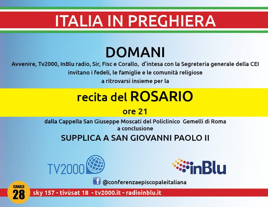 agensir's tweet photo. Ritorna, domani sera, alle 21, la recita del rosario per l'#Italia con i media CEI. Al termine, la supplica a san Giovanni Paolo II, nell'anniversario della morte. Ecco il sussidio per recitarlo insieme. #Coronavirus

📎Ecco il file PDF: https://t.co/KK4buSDoou https://t.co/hidTE9MXW9