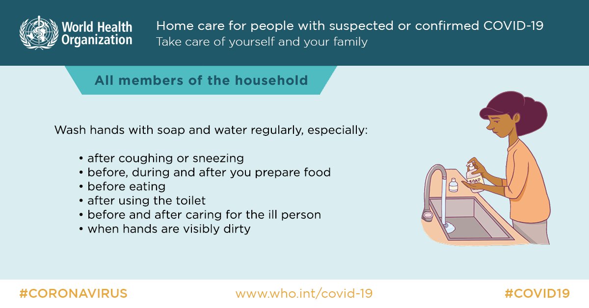 All members of a household with people with suspected or confirmed  #COVID19 should regularly washwith soap & water:After coughing/sneezingBefore, during & after food preparationBefore eatingAfter using Before & after caring for the ill personWhen are dirty