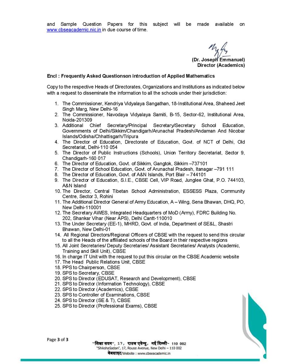 cbseindia29's tweet photo. Students who have passed Basic Mathematics (241) in class X will be allowed to take new academic elective Applied Mathematics(241) at Senior Secondary Level.See circular for more details 2/3
@HRDMinistry @DrRPNishank @OfficeOfSDhotre  @PIB_India @PTI_News @DDNewslive @PMOIndia https://t.co/BHPnxQhSSR