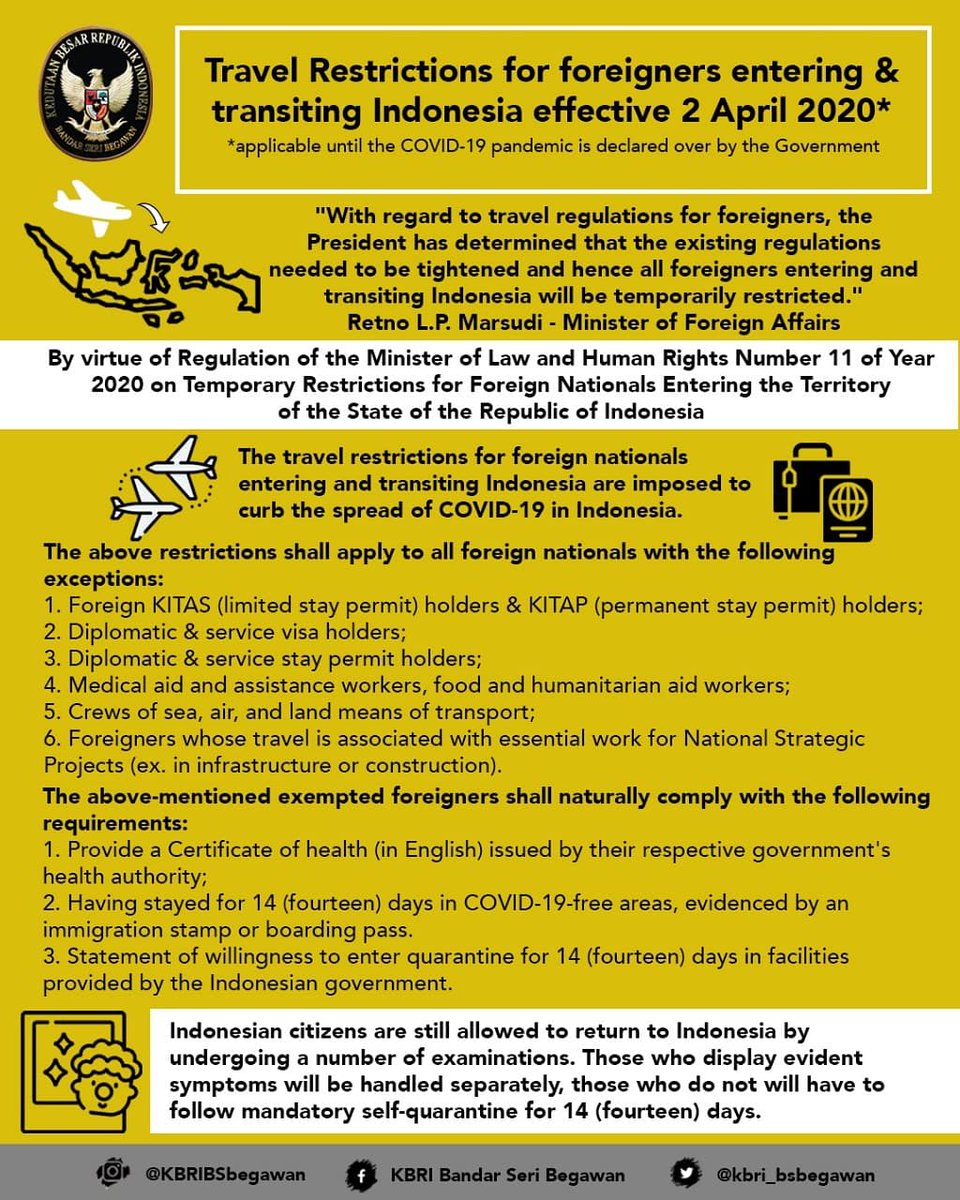 IndonesiaInBSB's tweet photo. Travel restriction for foreigners entering and transiting Indonesia, effective 2 April 2020 until further notice

#inidiplomasi https://t.co/8ro4JBoZs4